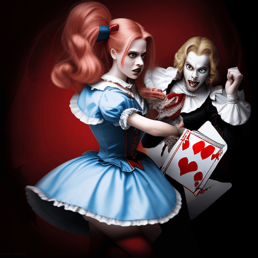 AI generated: Evil Alice in wonderland fighting the queen of hearts 
