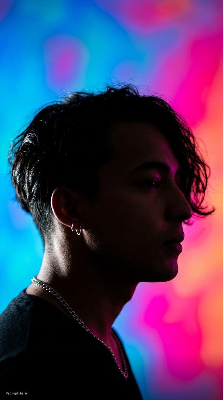 AI generated: photography, portrait. power of contrast, man model profile silhouette of a vibrant randomly color b...