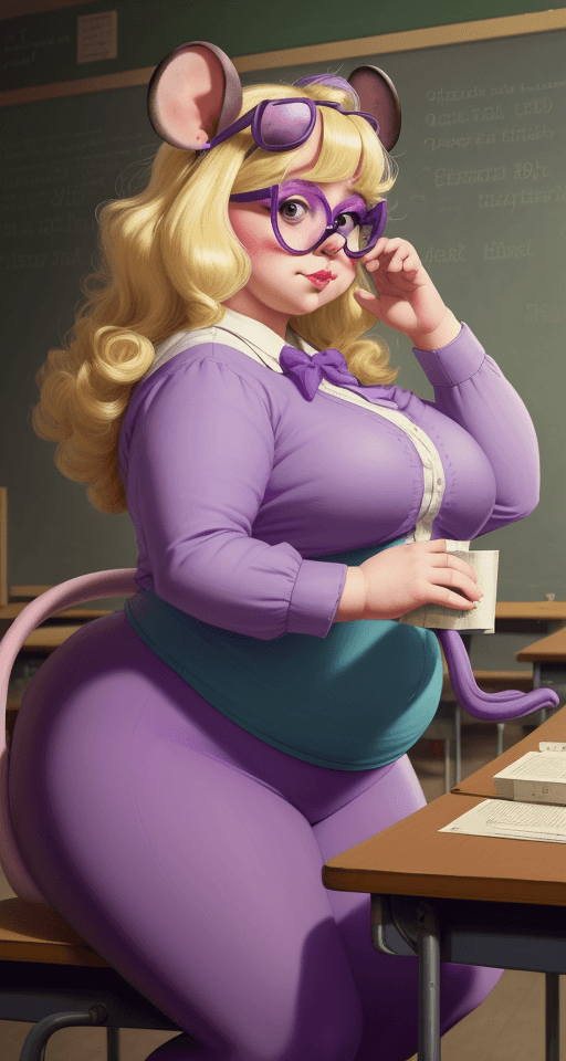AI generated: fat Lady Mouse with purple glasses and a blonde tail.  in a classroom by artist arne thun, in the st...