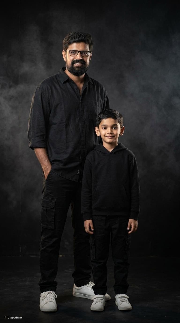 AI generated: Ultra-realistic 9:16 vertical dark cinematic father-son full-body portrait. STRICT FACE LOCK: Use up...