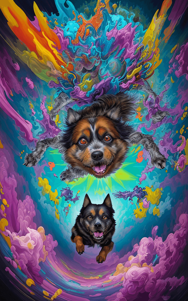 AI generated: A dog emanating an aura of confusion performs a leap, surreal painting, contorted reality, vivid col...