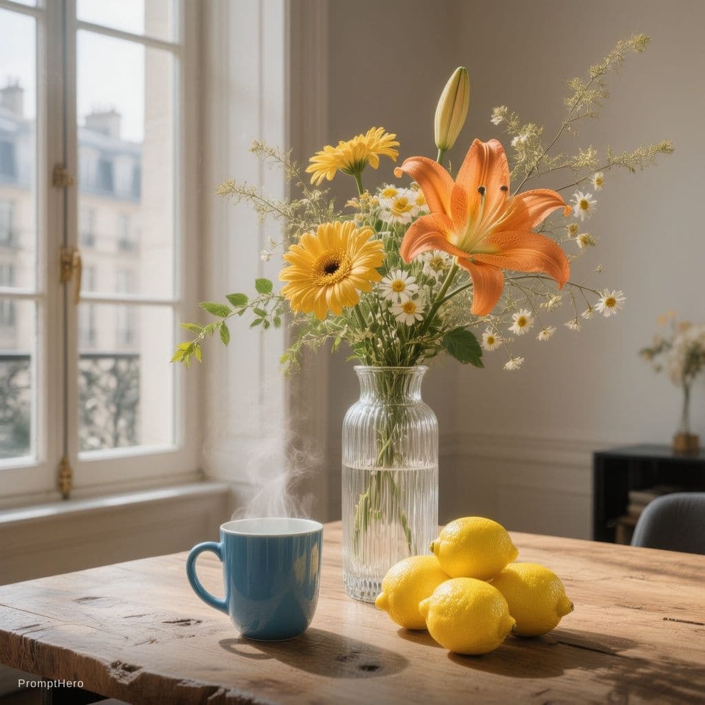 AI generated: Modern still life scene on a natural wooden surface. A transparent vertically ribbed glass vase hold...