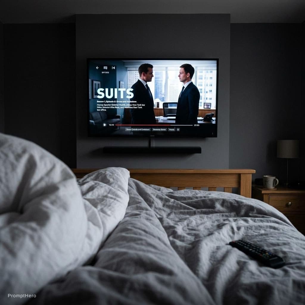 AI generated: faz uma foto que apareça apenas uma parte da cama a ver netflix numa televisão a ver a serie suits c...