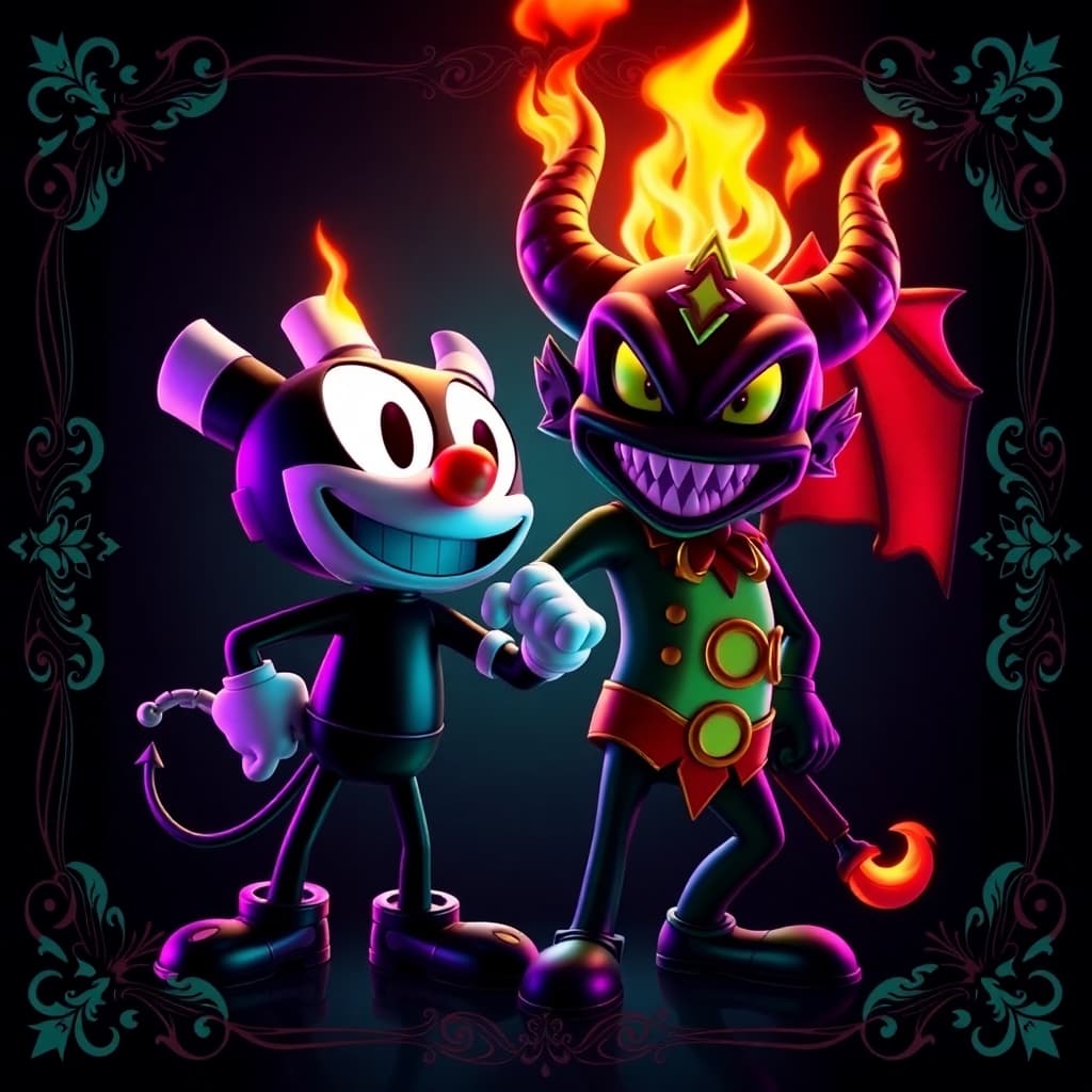 AI generated: 3D render of Cuphead and El Diablo, rich deep teal bioluminescent glow, 1930s cartoon style.  Dark b...