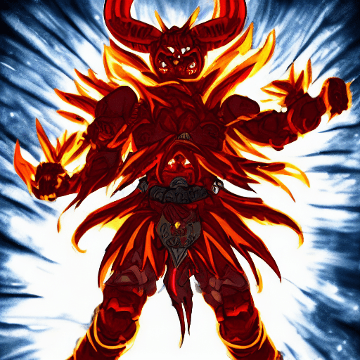 AI generated: fire demon fighting at war, red stone horns, body made of red stones, sharp teeth, tail, fire over t...
