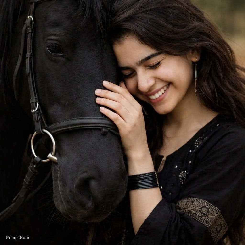 AI generated: A beautiful cute indian girl hugging a horse face use face from image attached without any changes t...