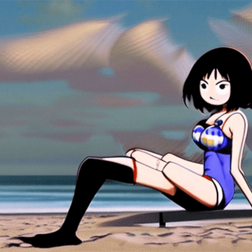 AI generated: Nico Robin, masterpiece, mid shot, a bikini woman with long black hair, playing basket ball, on the ...