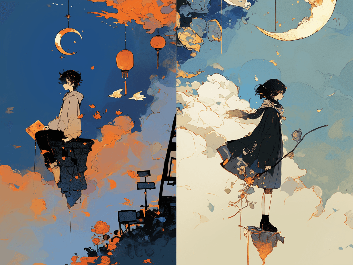 AI generated: Deep blue sky, orange, Kongming lanterns flying in the sky, late at night girl and boy in love ,flow...