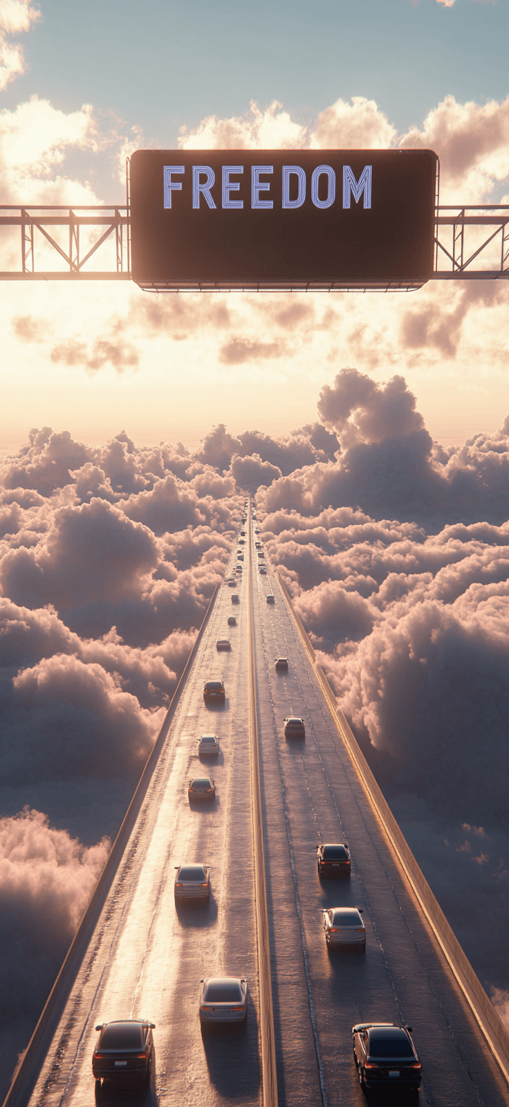 AI generated: A highway with cars and an overhead sign that says "FREEDOM" above the highway, in the background is...