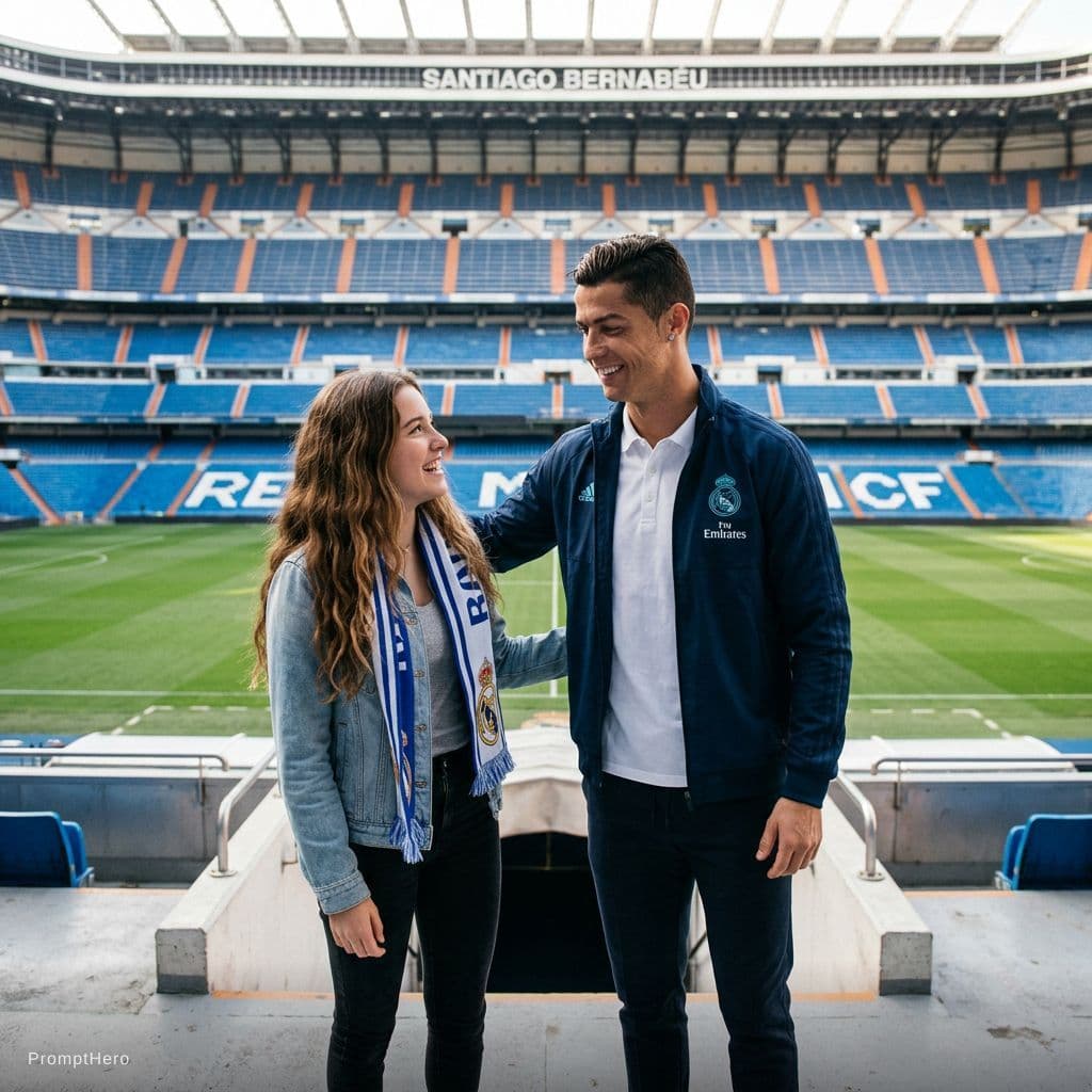 AI generated: Este chico y cristiano ronaldo en el bernabeu. Change that guy into a girl 
