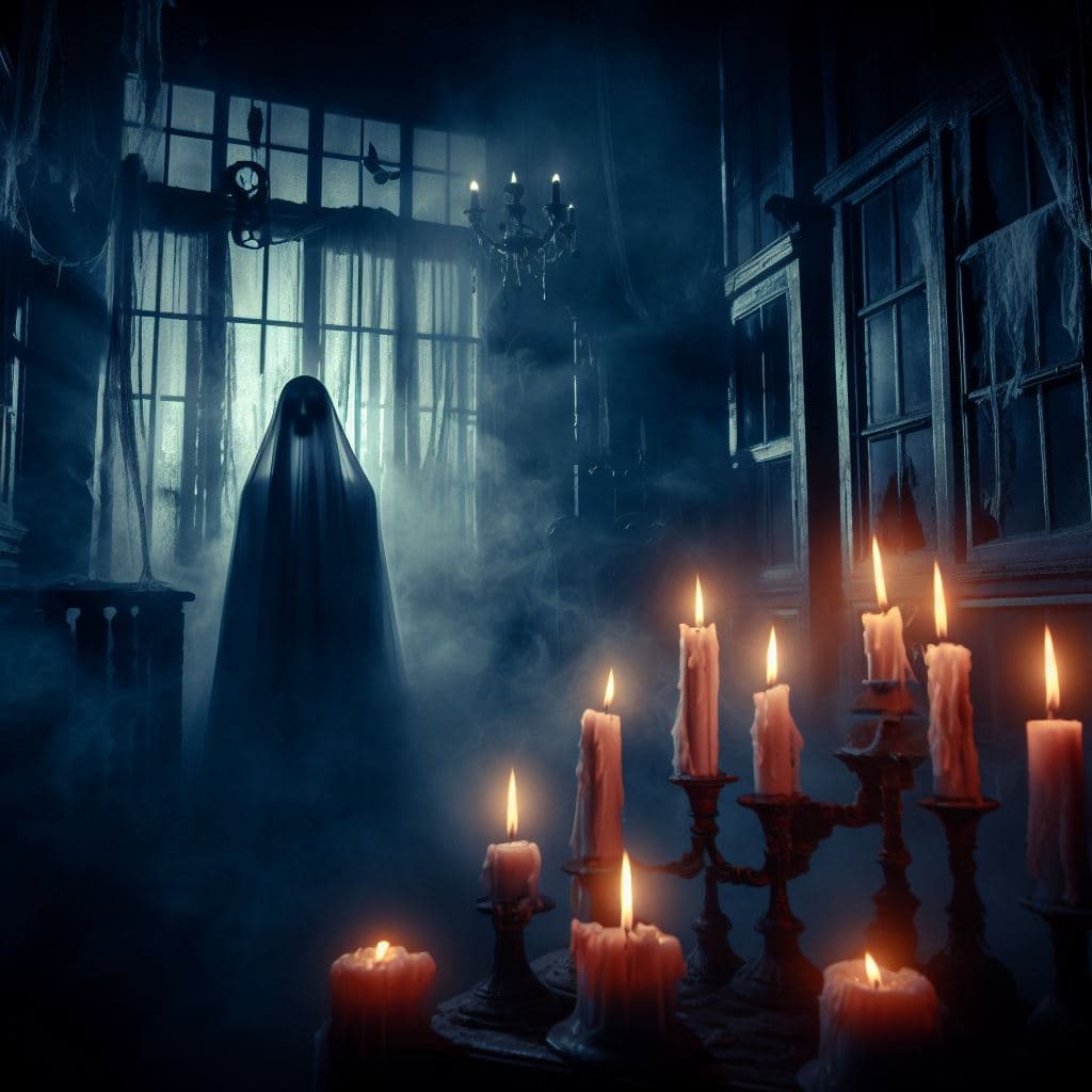 AI generated: spooky ghost in a haunted House,candles,dramatic light,,misty,night,creepy