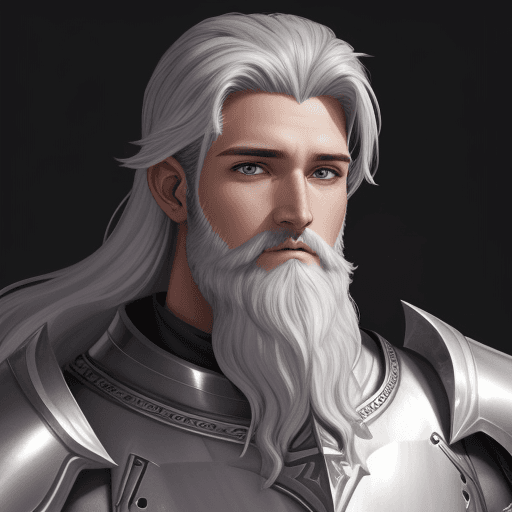 AI generated: paladin human man with silver hears grey big eyes and sheld, 29 years old, smal beard