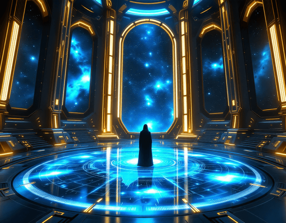AI generated: A massive, futuristic starship observatory or throne room, with towering arched windows revealing th...
