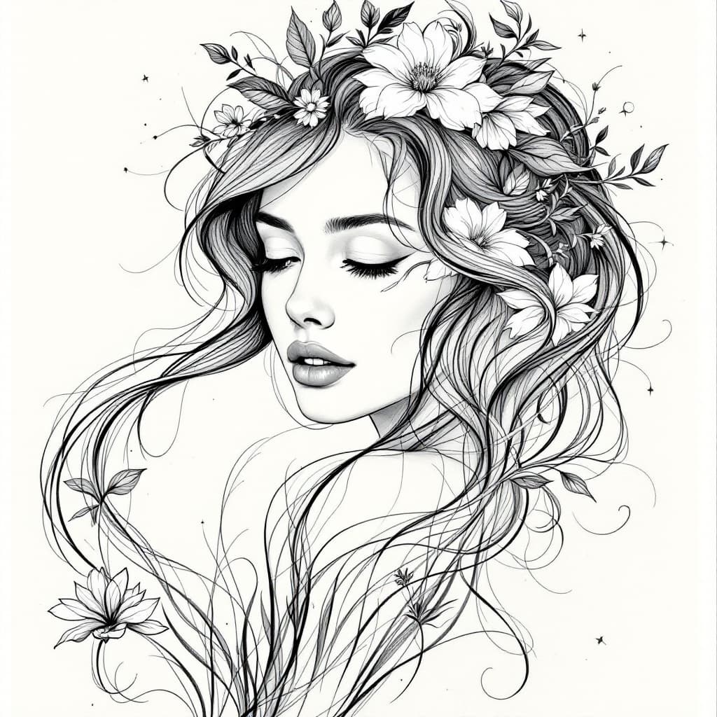AI generated: Create a beautiful, intricate drawing of a woman in a nature-inspired, art nouveau style. The figure...