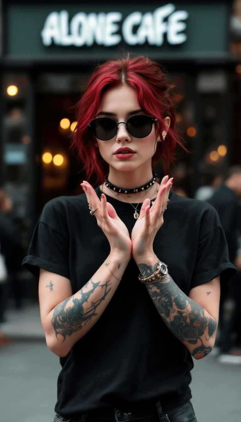 AI generated: A young Russian woman macroview with dark red hair, piercings, wearing sunglasses and a black t-shir...