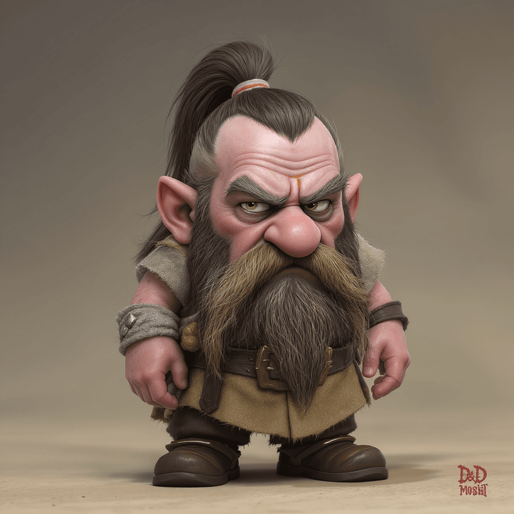 AI generated: a d&d dwarf with a dark ponytail, a tuft of white hair at the widow's peak and a short boxed beard