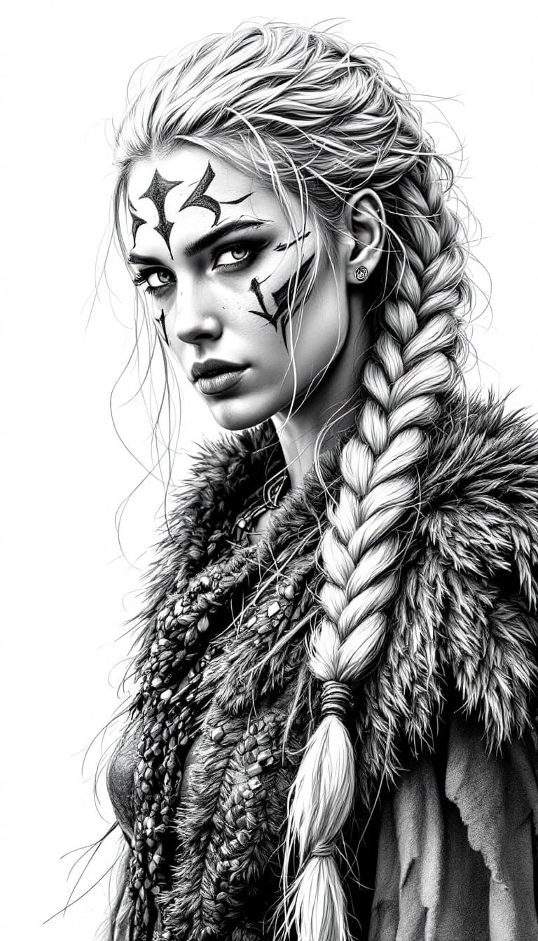 AI generated: black and white drawing of a full body Viking warrior woman with braided hair, wearing war paint on ...