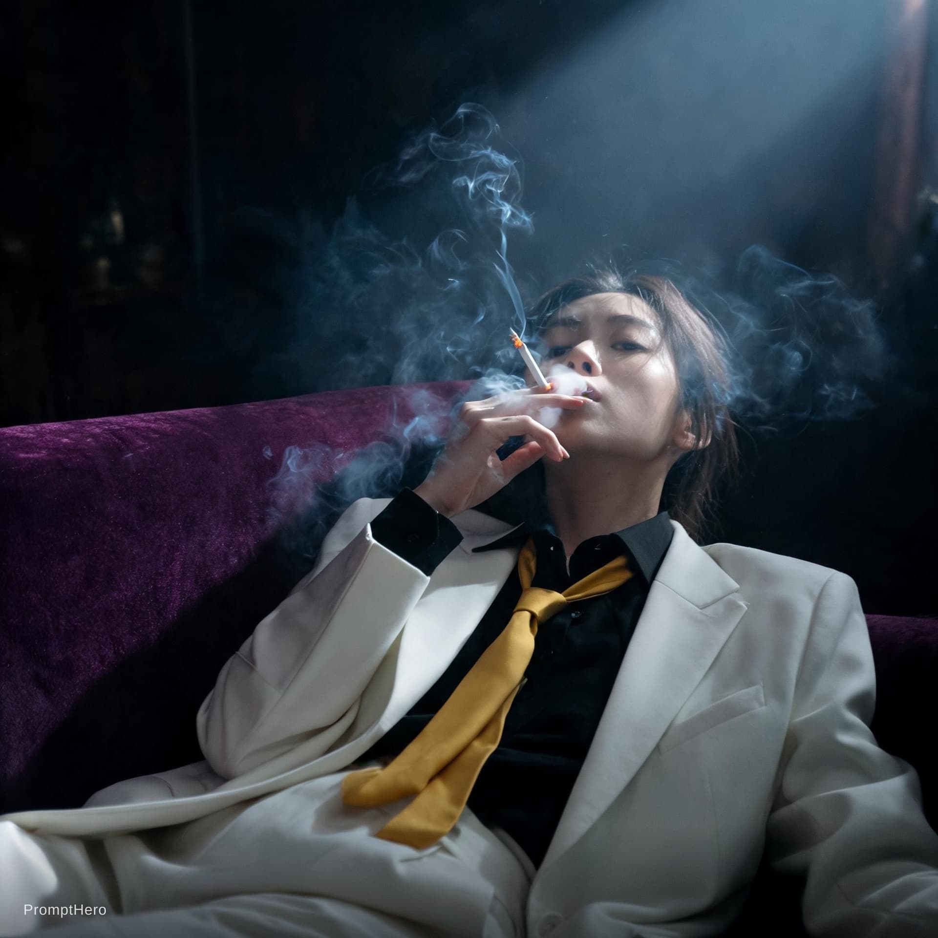 AI generated: snapshot, dimly lit room with a hazy atmosphere, capturing a female model lounging on a deep purple ...