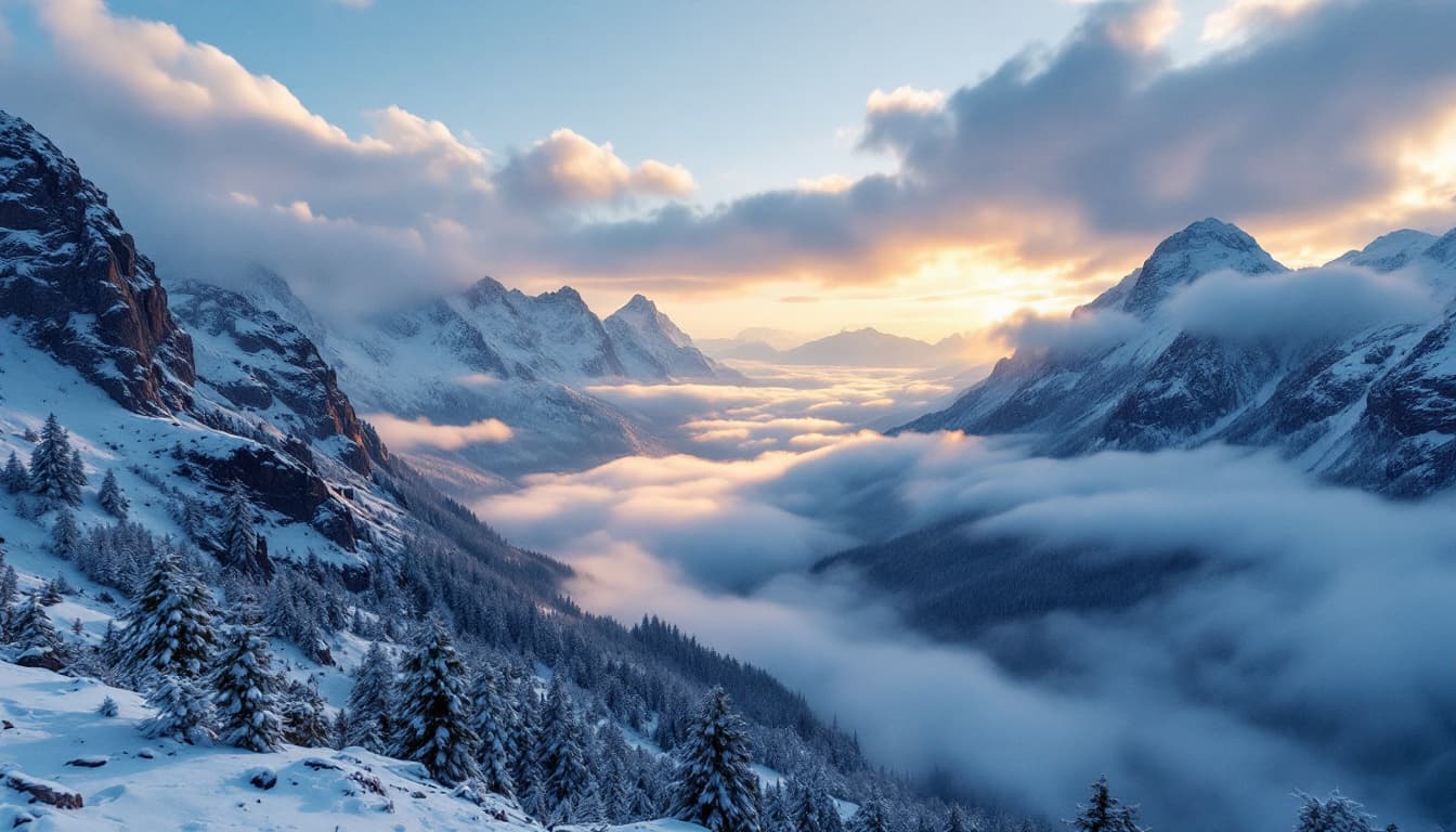AI generated: snowy valley, with steep mountains around, detailed 4k, drone-like view from above in the sky, drone...