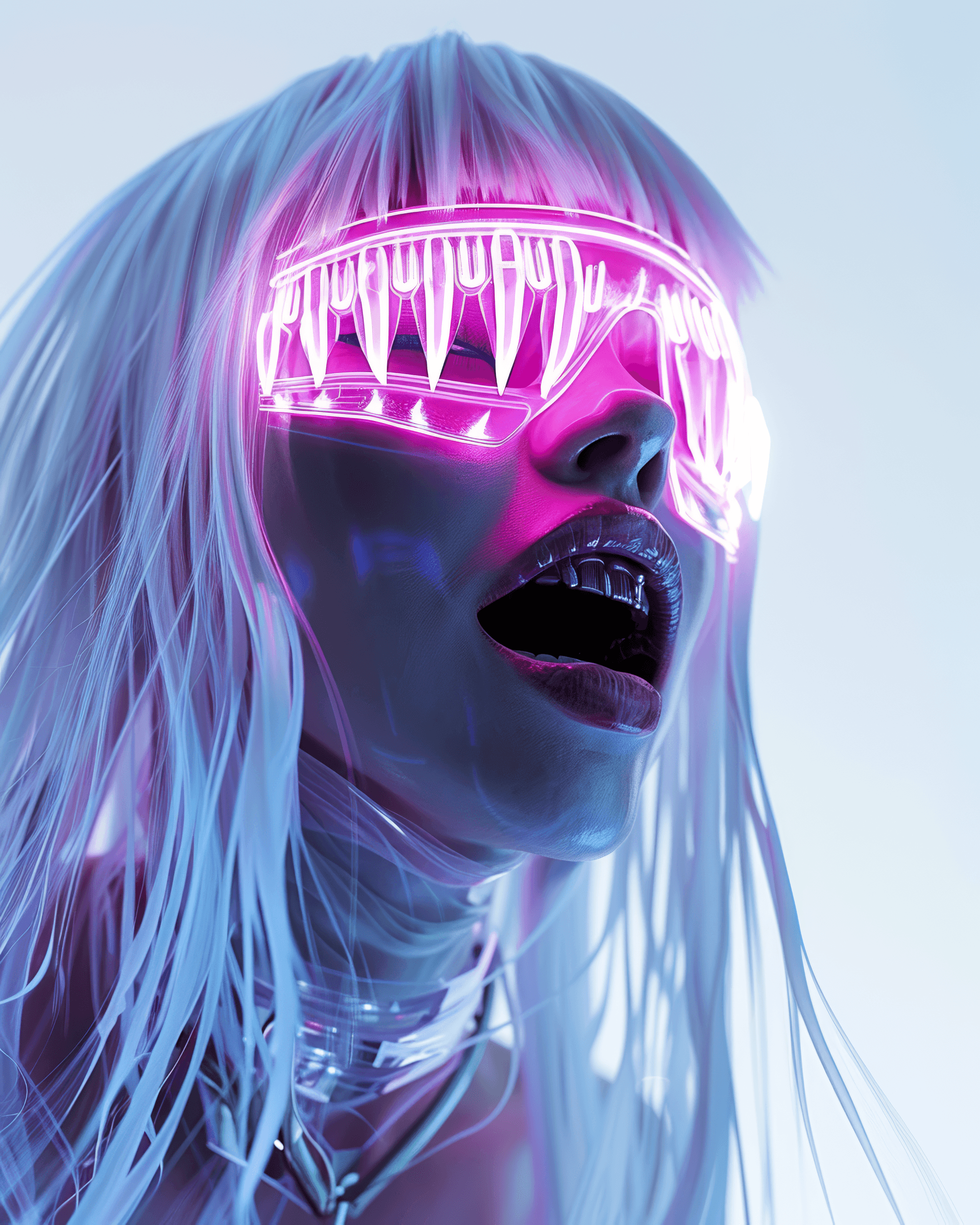 AI generated: robotic woman with long metallic fangs as teeth, with a neon pink holographic screen, long white hai...