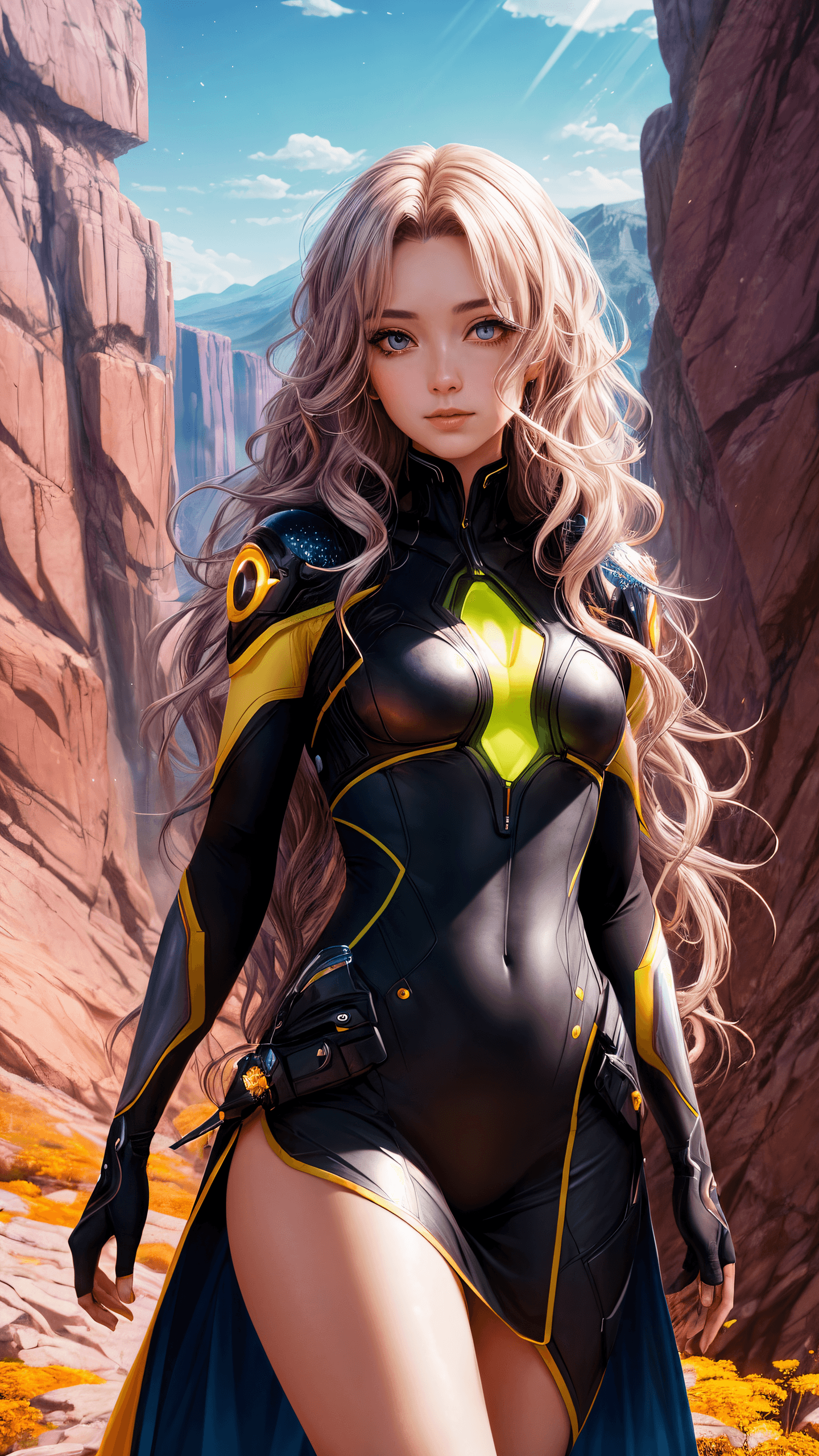 AI generated: 1woman , colorful eyes, yellow wavy long hair, crystal canyon background, looking at viewer, extreme...