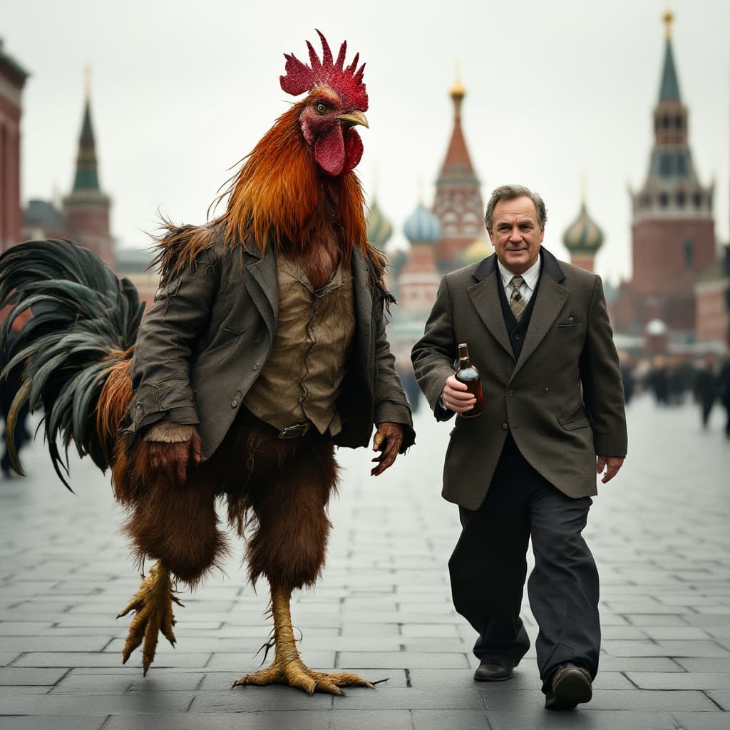 AI generated: **"Photo of a scraggly rooster, twice as tall as a man, walking on two legs, wearing a crumpled, tat...