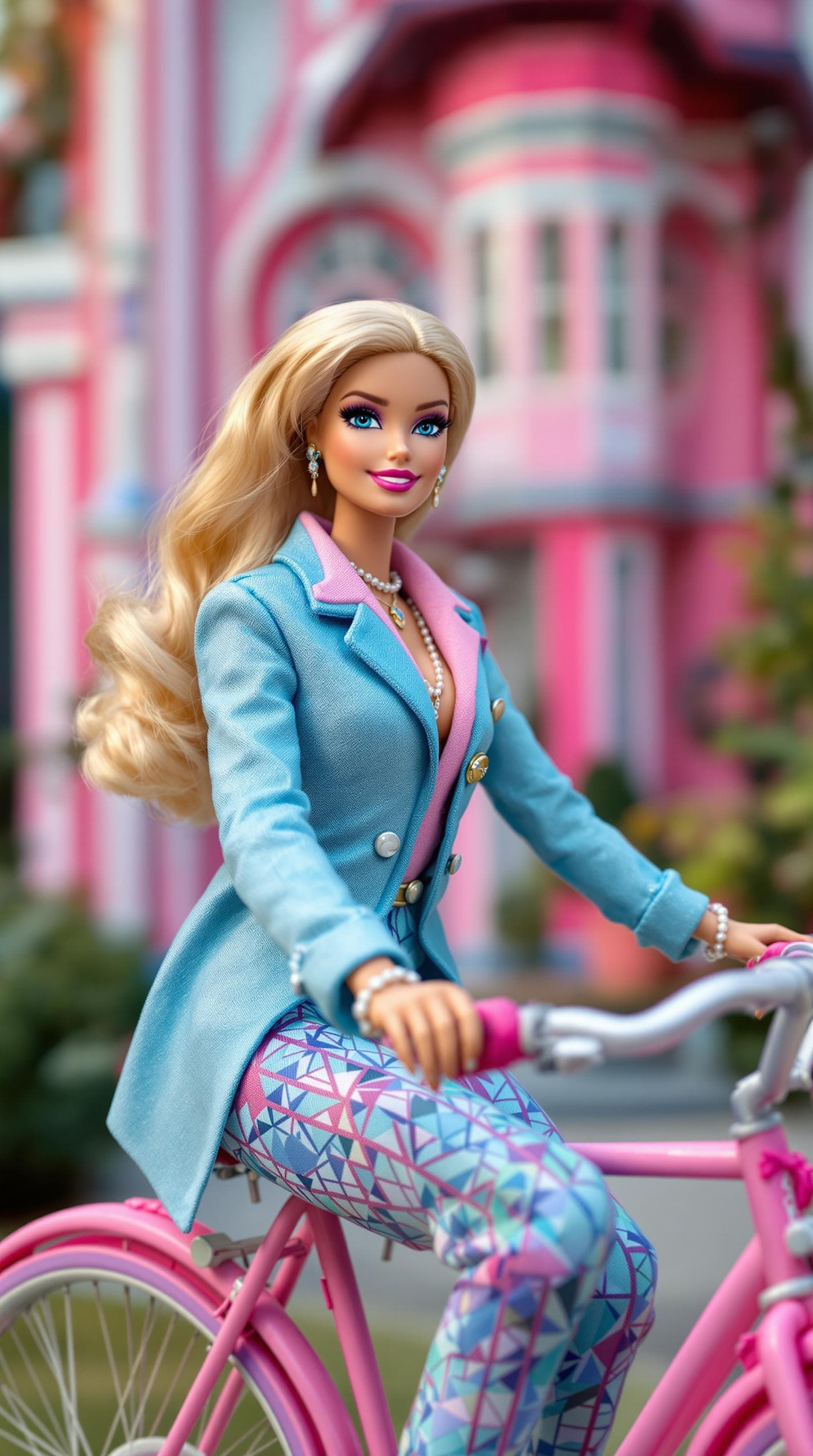 AI generated: photo, 18 year old barbie doll wearing art deco clothing sitting on a bicycle in front of her art de...