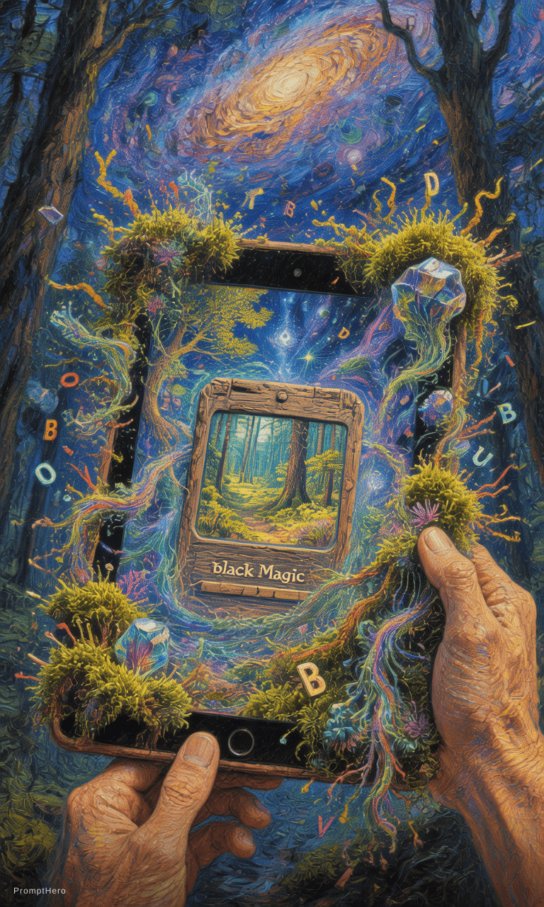 AI generated: A macro close-up of a Japanese witch's face and hands holding an ancient wooden tablet reflecting ma...