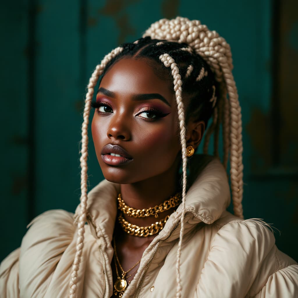 AI generated: ULTRA REALISTIC BLACK FEMALE WITH HAIR braids in eccentric style FOR HAIR COMPANY ad