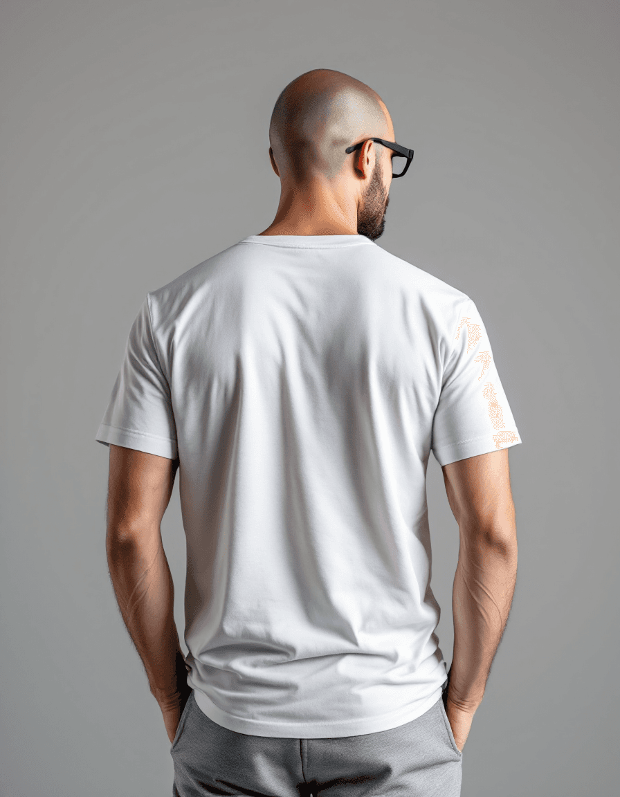 AI generated: Rear view, Hyper-Realistic photo, handsome Caucasian bald man, clean face, clean shaved face, rounde...