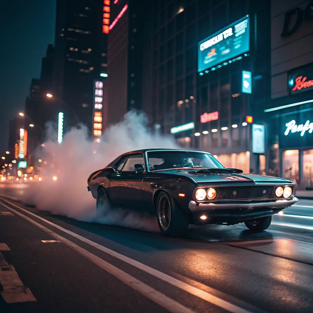 AI generated: Create a dynamic video sequence featuring a classic muscle car performing a burnout in a bustling ci...