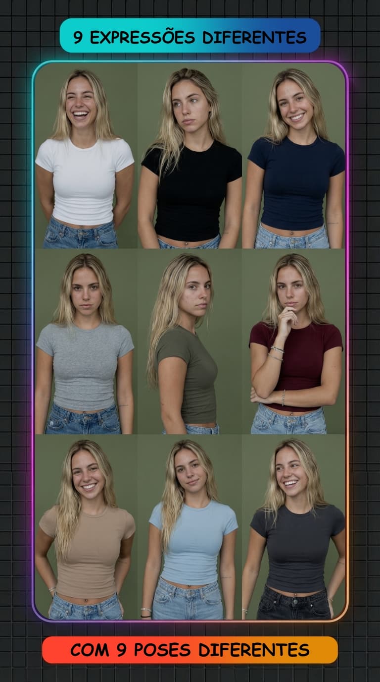 AI generated: A collage of 9 editorial-style photos with a matte green background. (Use the facial description fro...