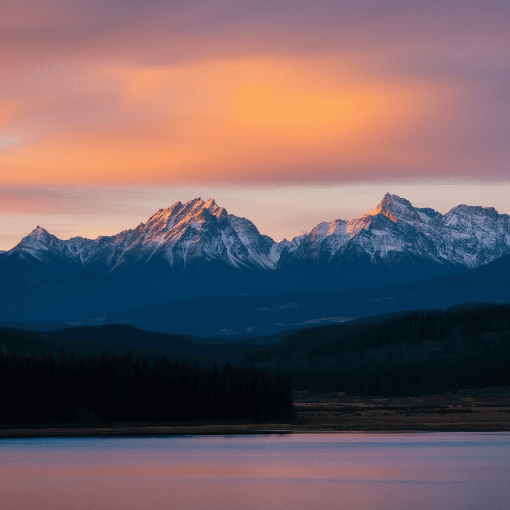 AI generated: A serene mountain landscape at sunset with snow-capped peaks