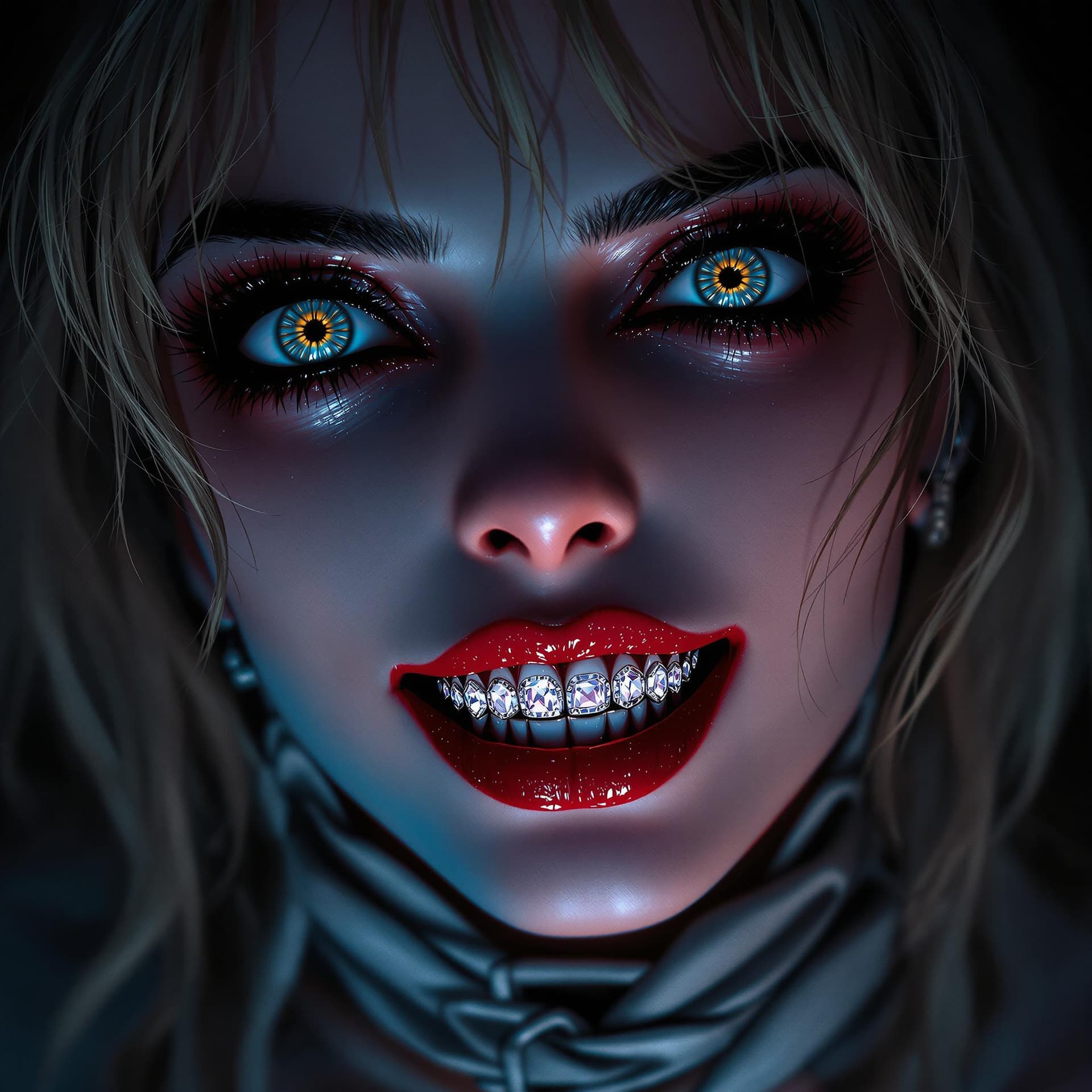 AI generated: anime horror close-up portrait of a woman inspired by Madonna, styled like a character from Smile, w...