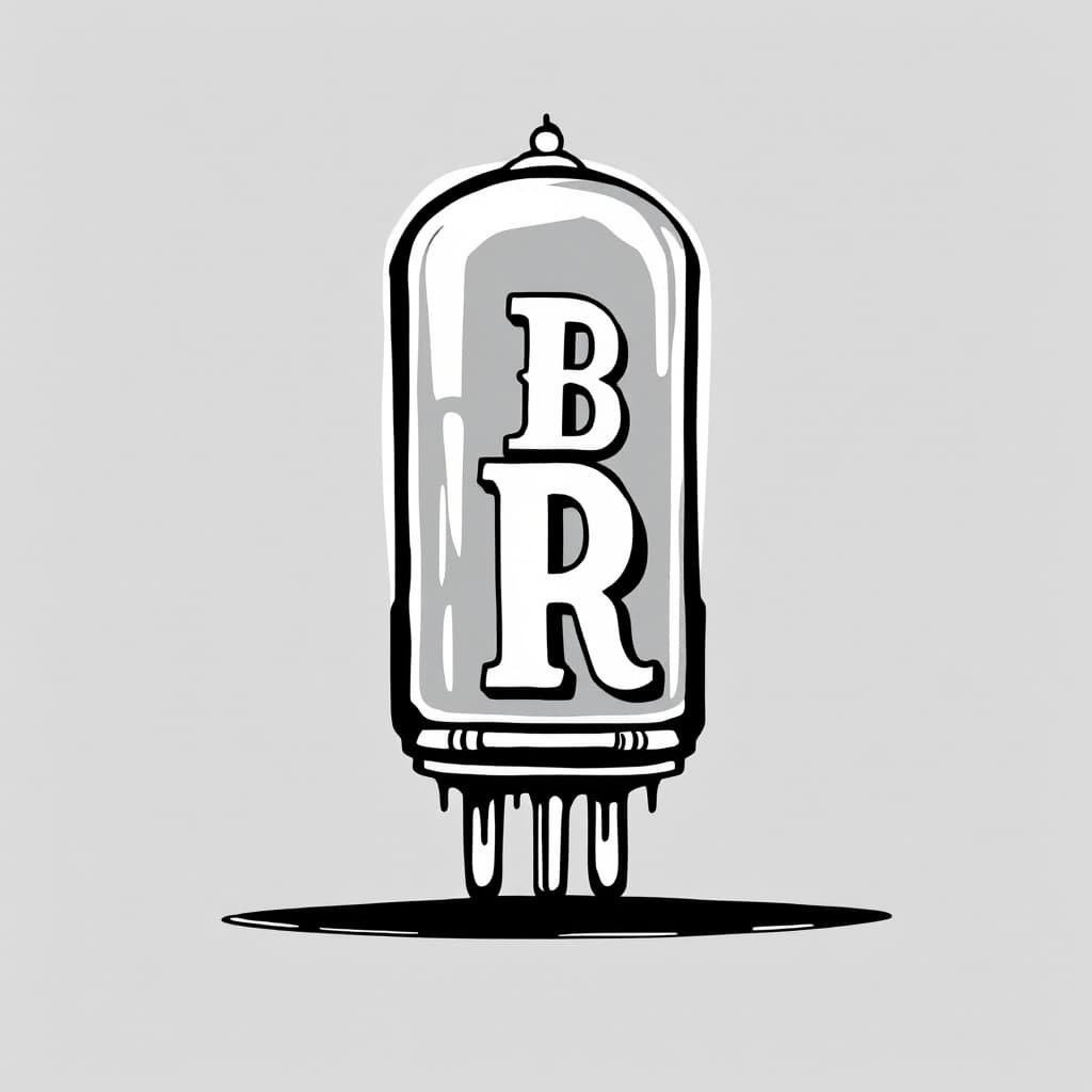 AI generated: logo simple white and grey style an old tube radio slightly cartoonish with the text B R in a classi...