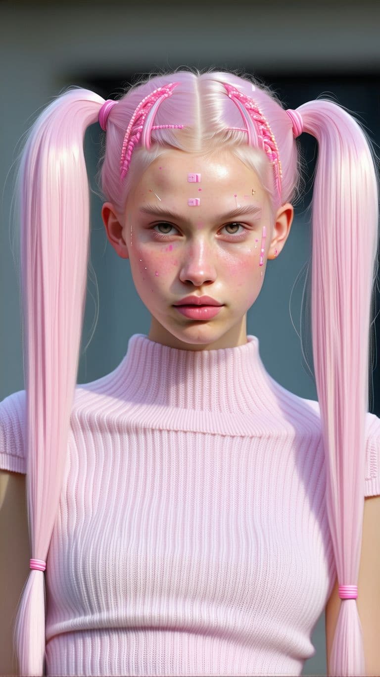 AI generated: Vogue Runway Model with long Pigtails in the style of candycore hair, pale skin and light pink lips ...