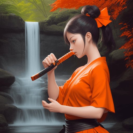 AI generated: girl with katana drinks from an orange waterfall
