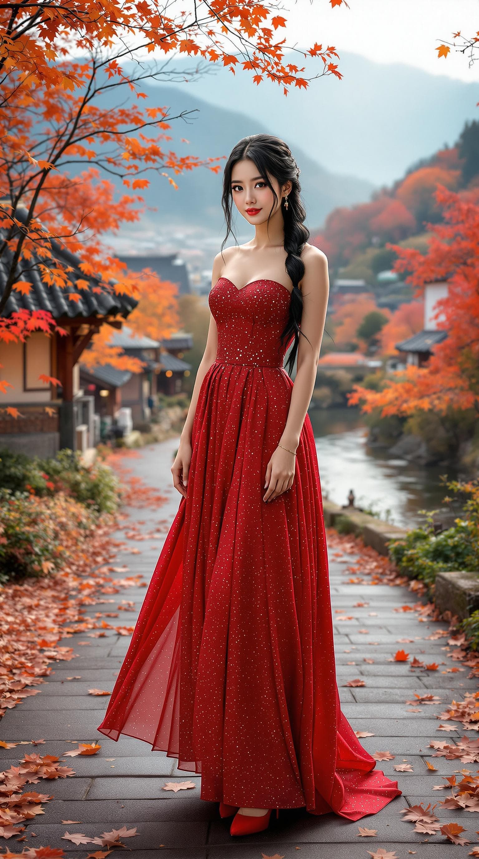 AI generated: realistic, japanese girl, beautiful girl, full body, ulzzang face, long hair, black hair, multi colo...