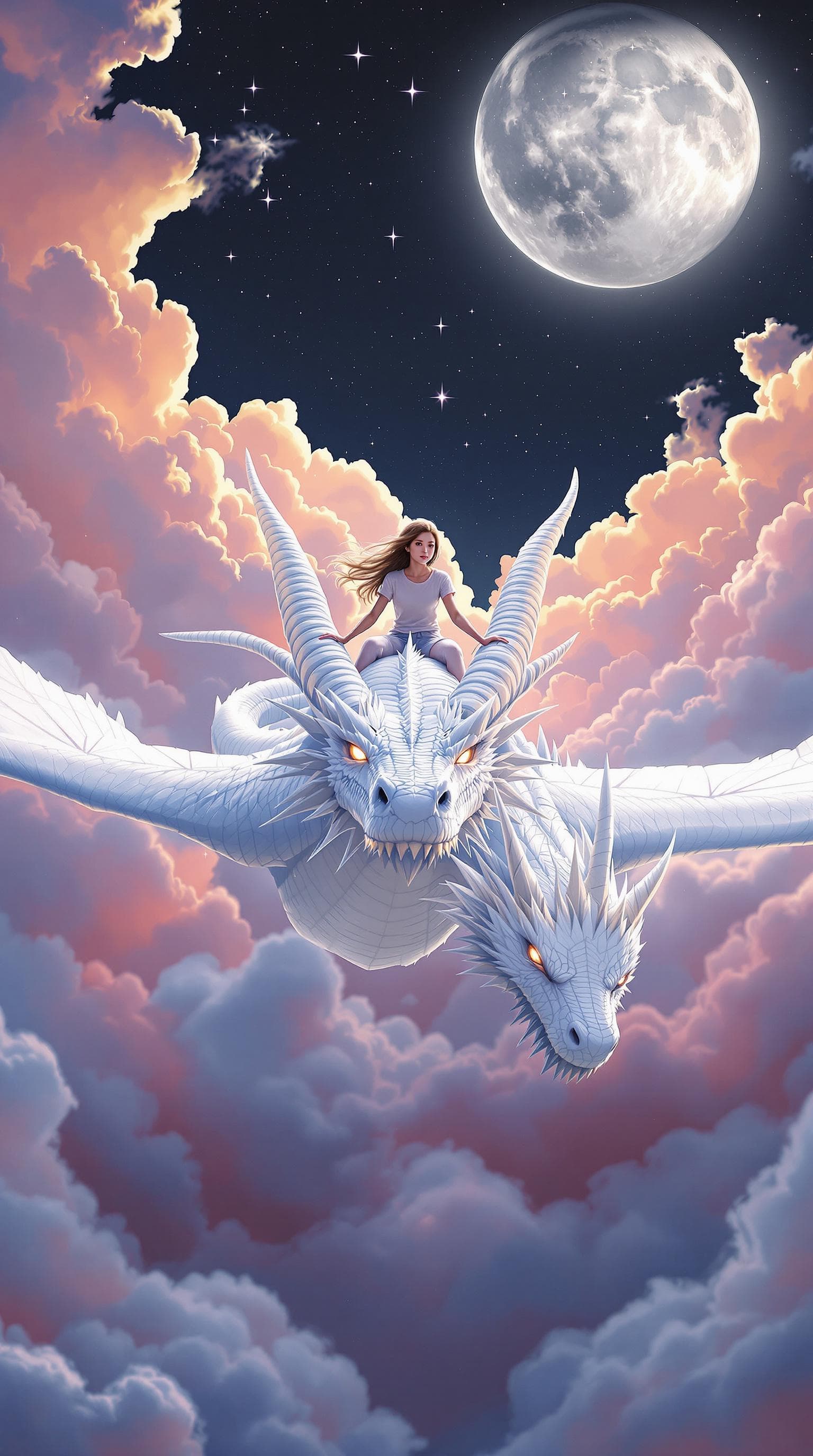 AI generated: The scene features a teenage girl mounted on the head of a white dragon, with both hands gripping th...