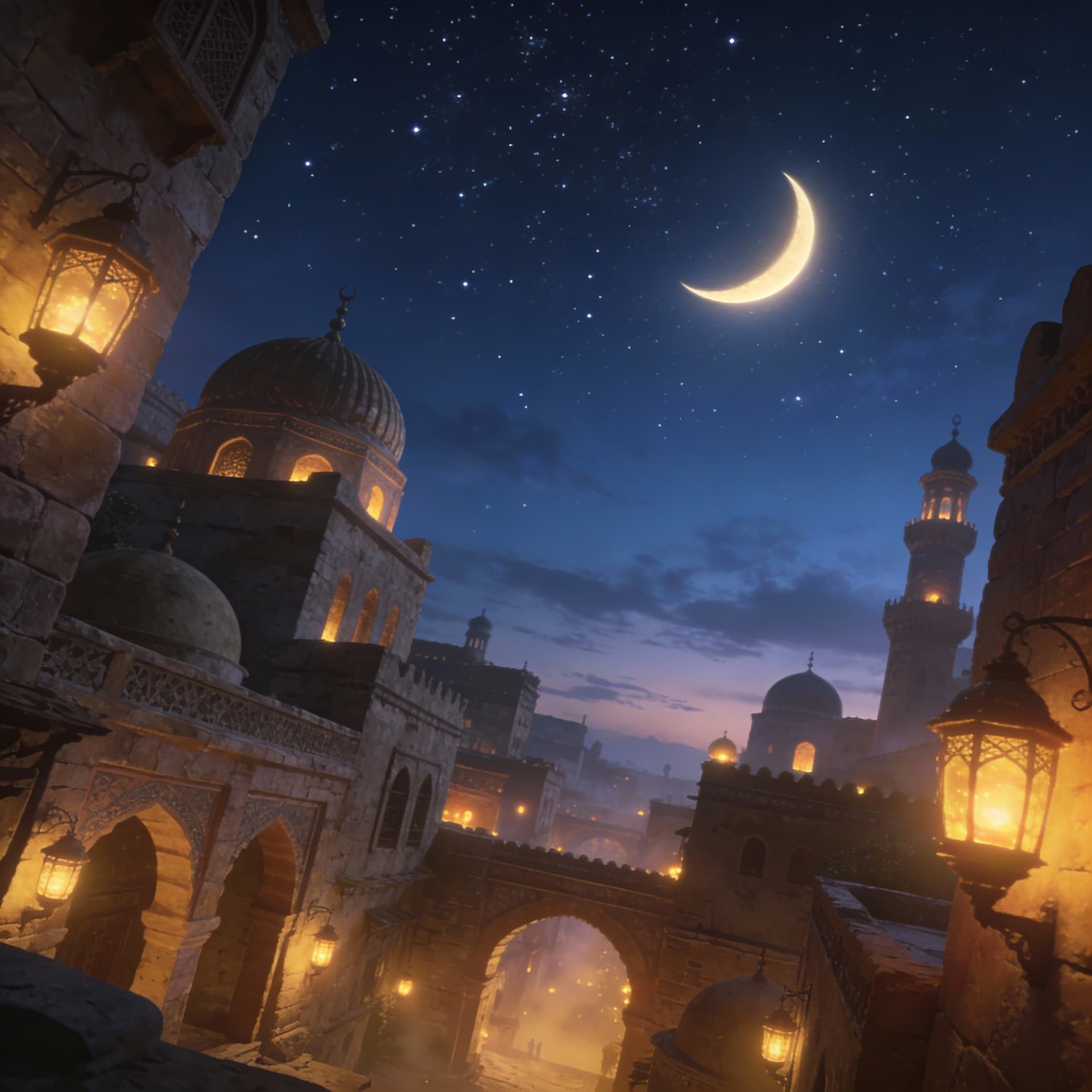 AI generated: Scene 1 —
Night sky with stars, a glowing crescent moon rising slowly. 
Camera tilts down to reveal ...