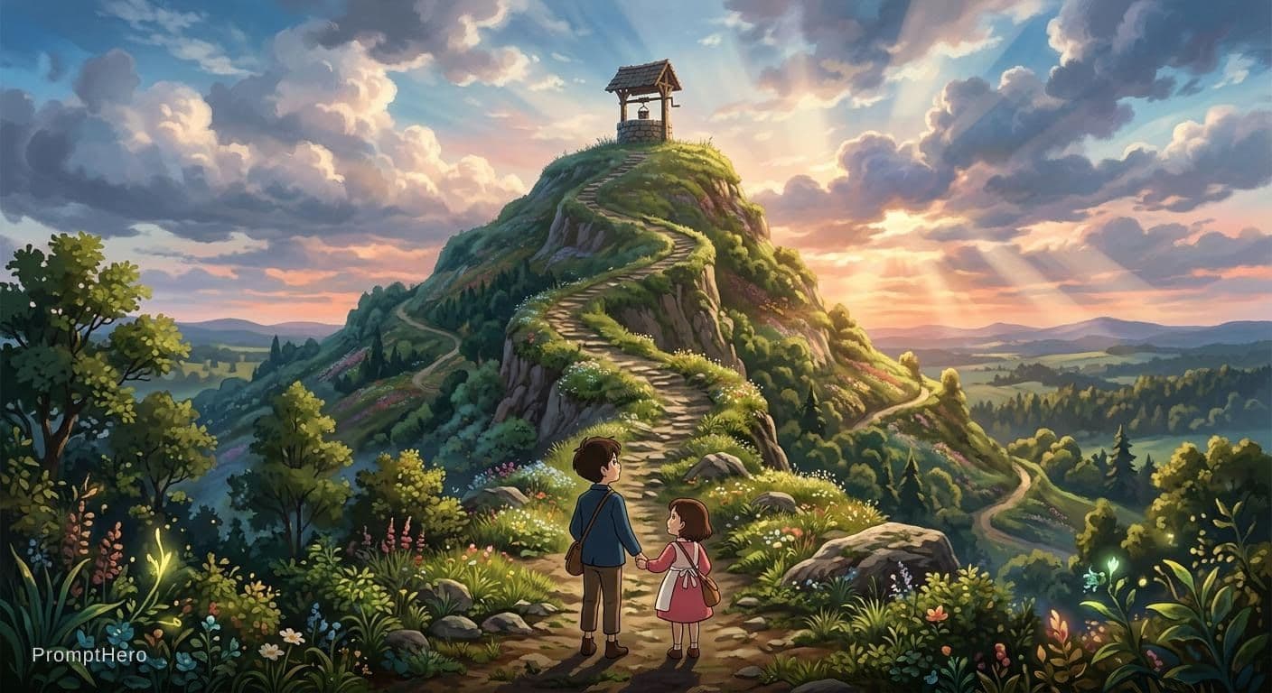 AI generated: a highly detailed matte painting of a young boy and girl at the bottom of a huge hill and at the top...