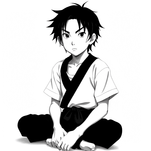 AI generated: no color, perfect anime illustration, portrait of a ninja Boy sitting, {{{{{{black and white style}}...