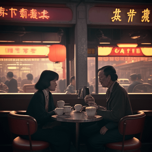 AI generated: A stunning and atmospheric 1970's china street cafe captured in a nostalgic and cinematic style, rem...