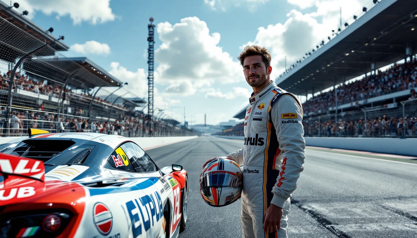 AI generated: Summer. On the race track there is a car with the logos of its club on the sides. A racing driver st...