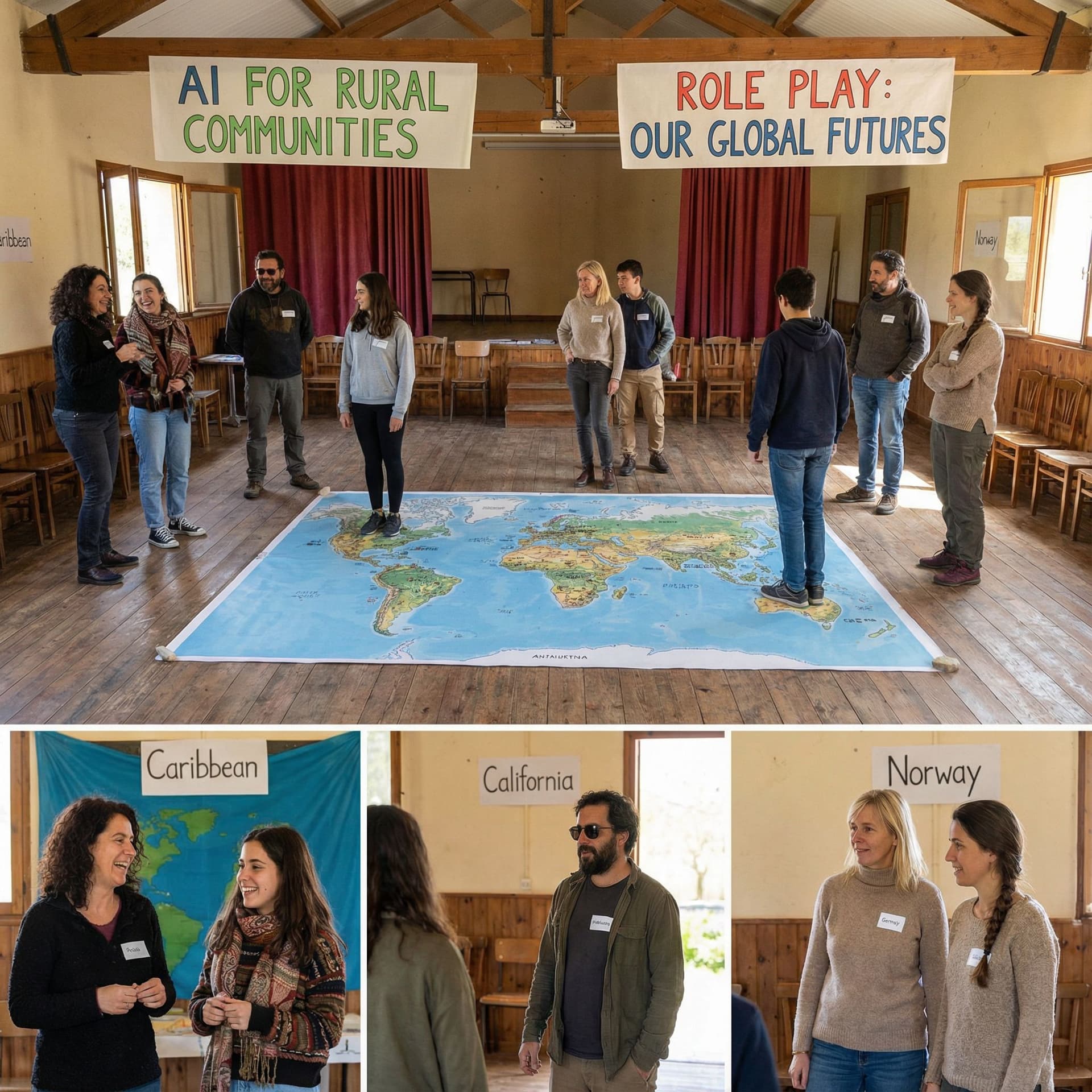 AI generated: Please cretae an image of a cultural diverse group in an event about IA in the rural environment pla...