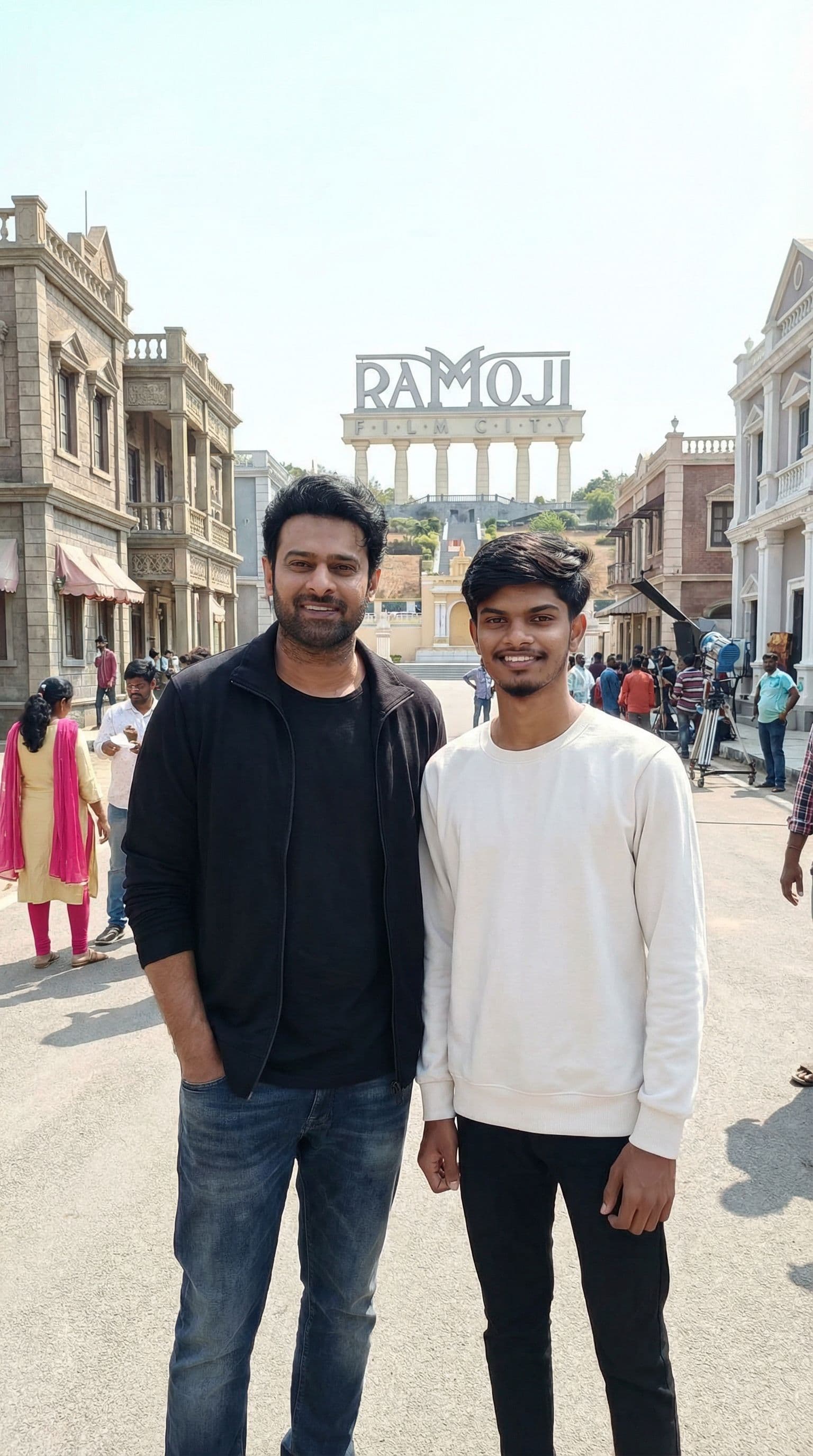 AI generated: Create a image  using my image with rebel star prabhas filim star in(hydrabad ramuji filim city