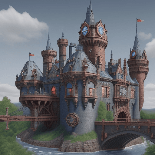 AI generated: Steampunk Castle, Victorian Architecture, Rustic, Blue, Gray, Red, Mechanical Bridge, Castle wall ma...
