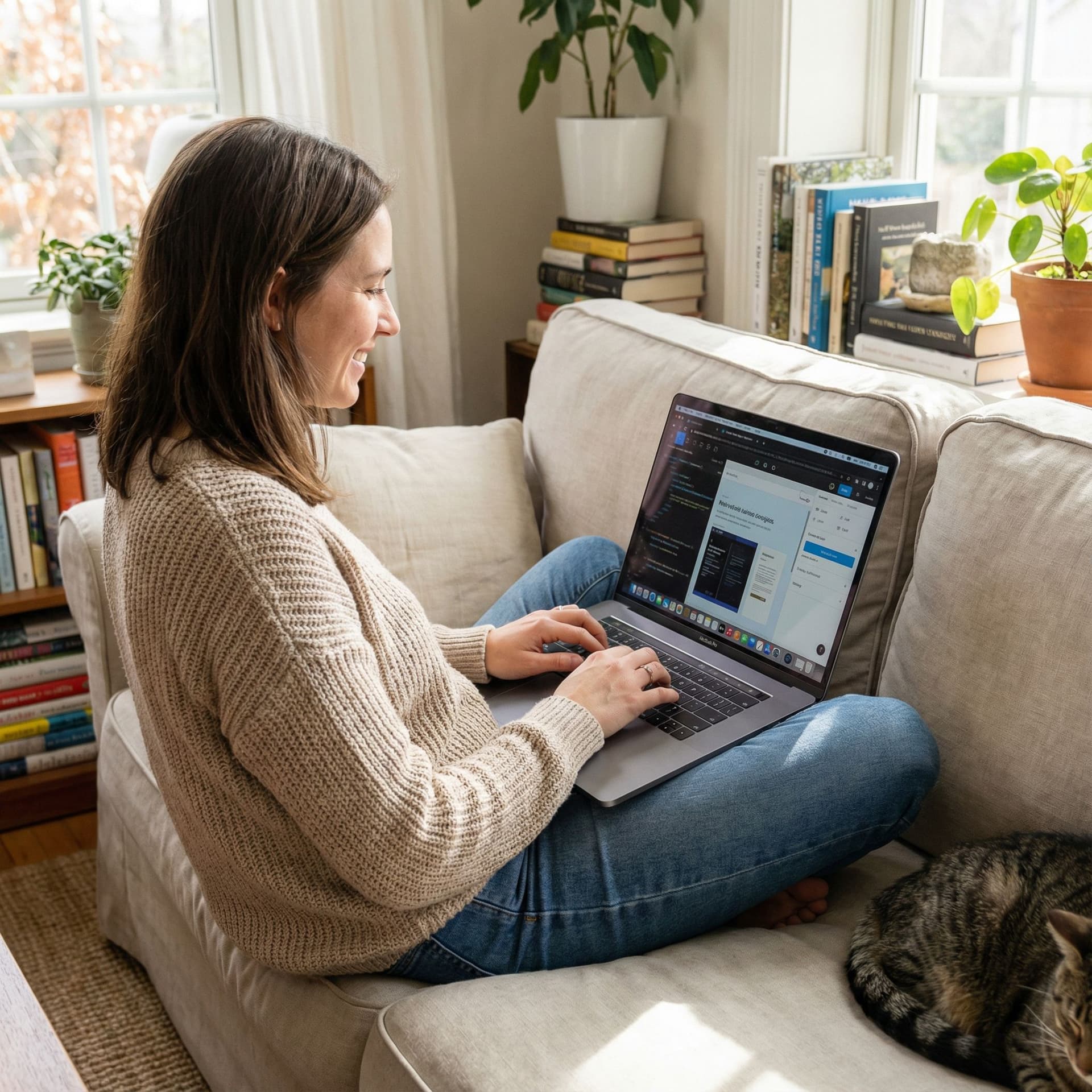 AI generated: a woman on her sofa working with her MacBook Pro, the screen is visible