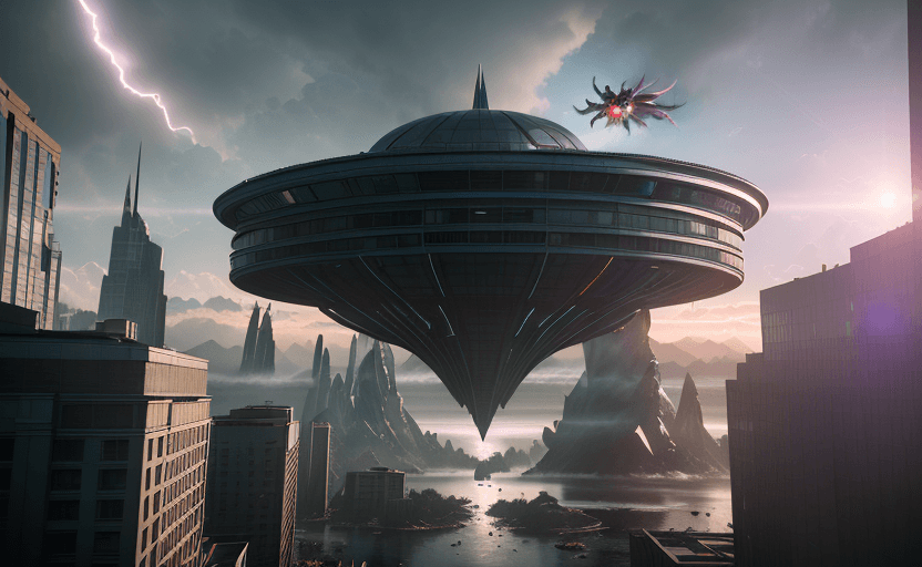 AI generated: Photo of a ultra realistic superhero school which is at the center floating in the sky and is attack...