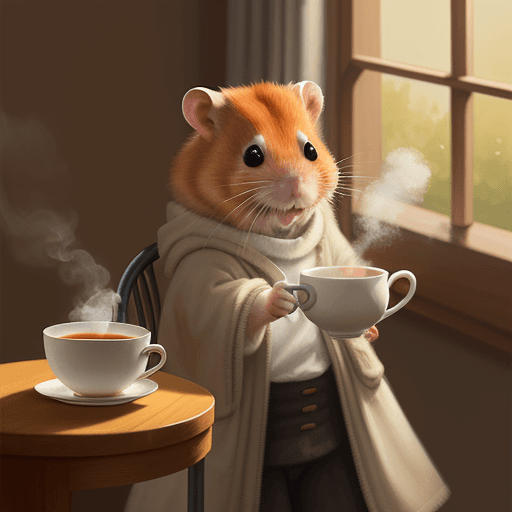 AI generated: ginger hamster drinking a steaming cup of tea, on crutches. 
warm lighting, happy mood. warm tone, d...